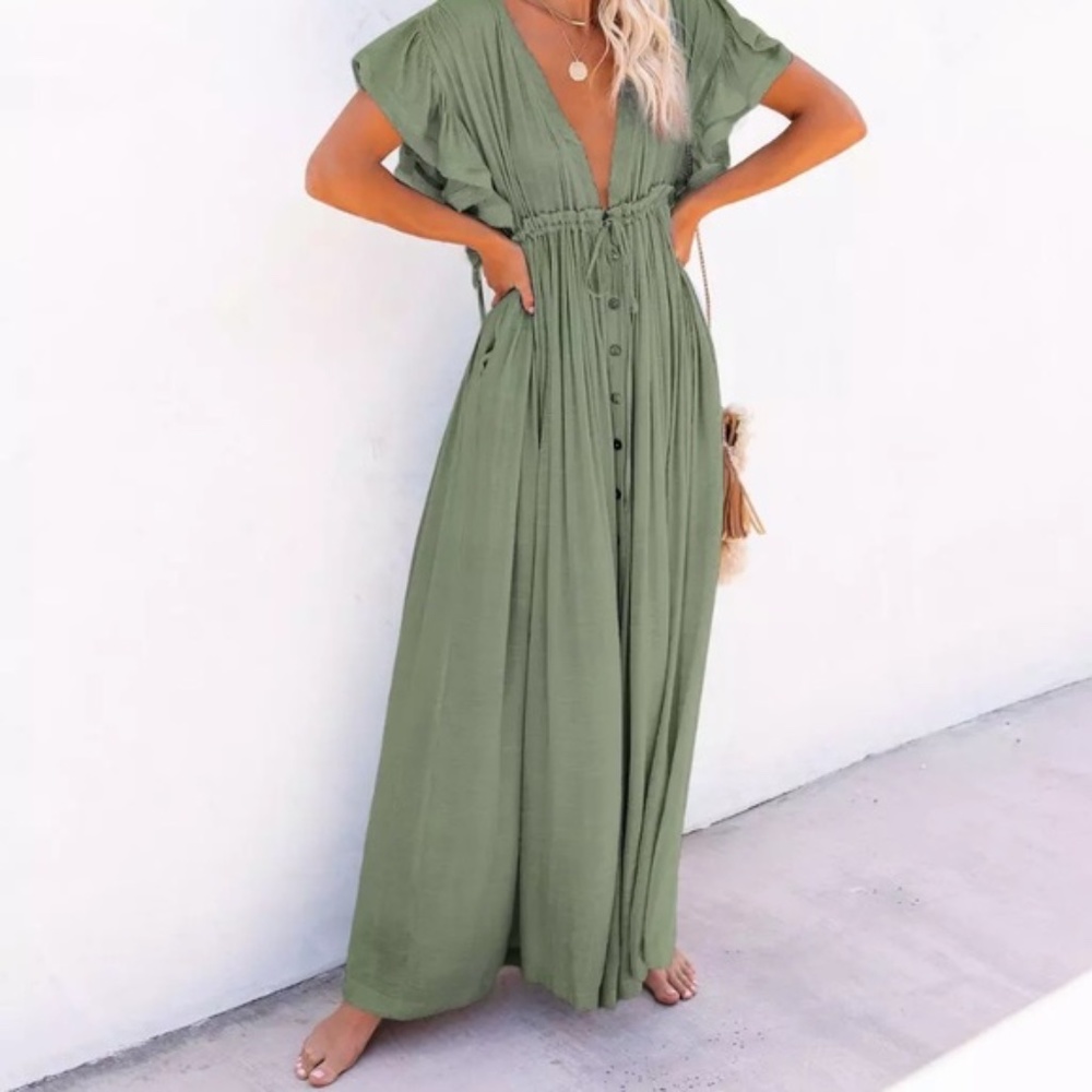 SOLD OUT Sage Green Gauze Boho Button Maxi Dress - Picture 3 of 4